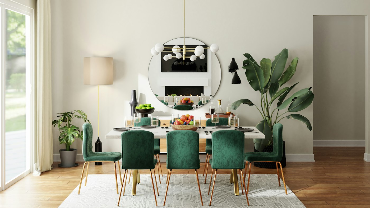 Dining area beside a kitchen